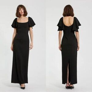 New Mac Duggal 20962 Black Crepe Short Ruffle Sleeves Fitted Long Dress P4013